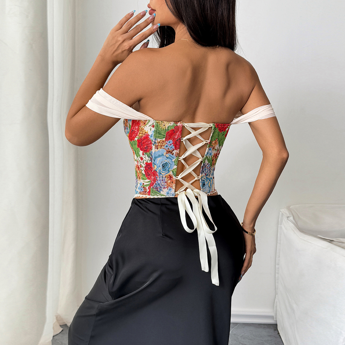 Womens  Vintage Floral Off-Shoulder Corset Top With Lace Trim Design